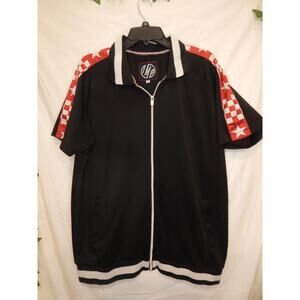 IMP Full Zip Up Short Sleeve Shirt Black & Red With White Stars Men's Size XL